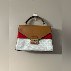 Michael Kors Medium Sloan Vanilla Acorn Bright Red Double Flap Top Handle Bag